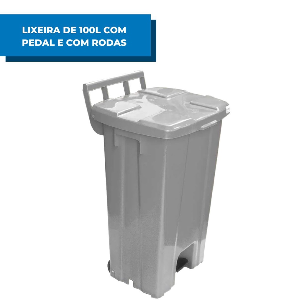 Lixeira Plástica Quadrada 100L Com Pedal e Rodas Cinza Grande Reforçado Descarte de Resíduos Lixo