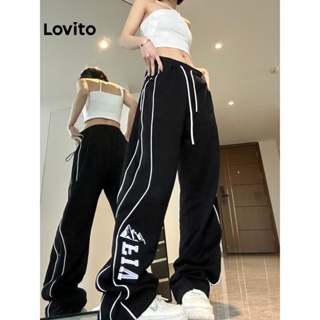 Lovito Calças de Cintura Média Tapered com Amarração e Letras Contrastantes para Mulheres LNE09014 (Preto)