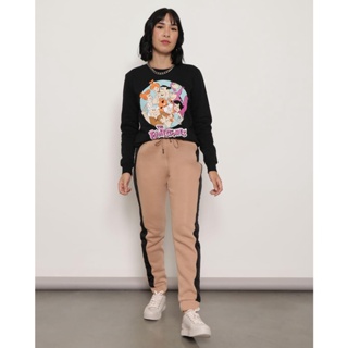 Calça Moletom Feminina Jogger Listra Contrastante Bege