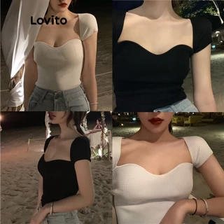 Lovito Tops de Malha com Mangas Curtas e Gola Quadrada Simples para Mulheres LNA13033 (Branco/Preto)
