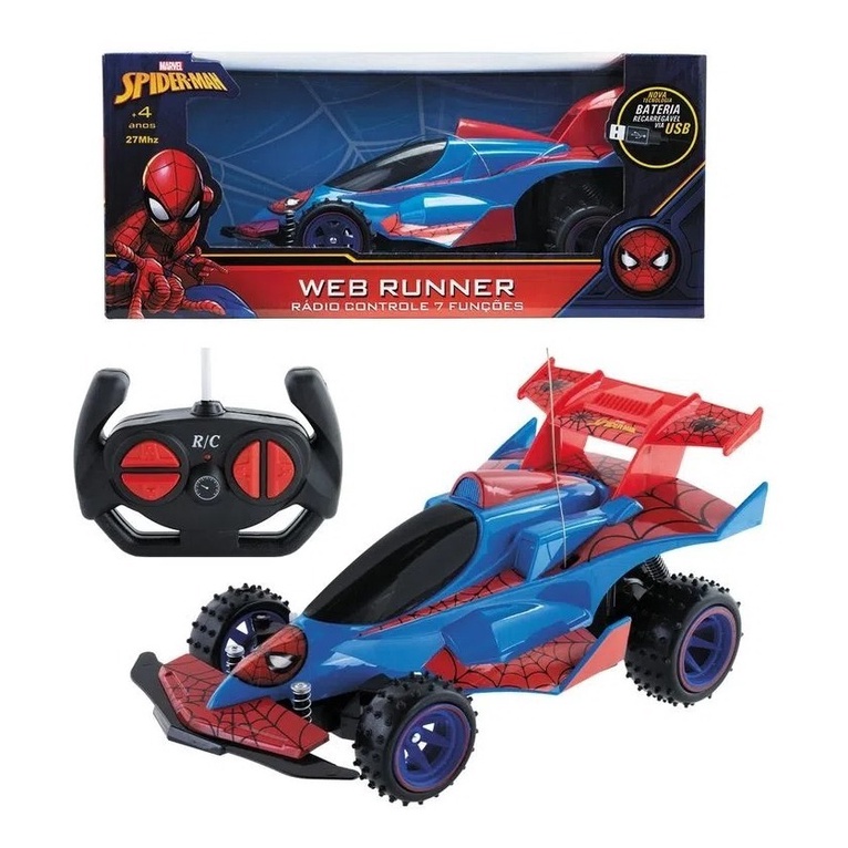 Carro de Controle Remoto Homem Aranha High Speed 3 Funções Azul e Vermelho  - Candide