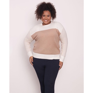 Suéter Feminino Plus Size Tricô Estampa Bloco Unique Bege