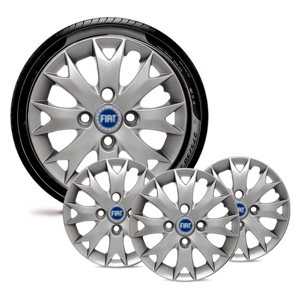 Jogo 4 Calota Carros Fiat Todos Aro 13 Prata Emblema Azul