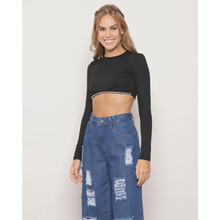 Blusa Feminina Cropped Com Strass Preta