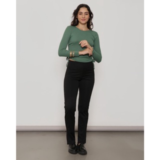 Calça Feminina Canelada Reta Com Fenda Preta