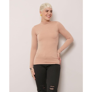 Blusa Feminina Gola Alta Com Manga Longa Bege