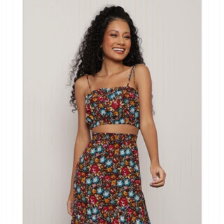 Regata Feminina Cropped com Alcinha Floral Preta