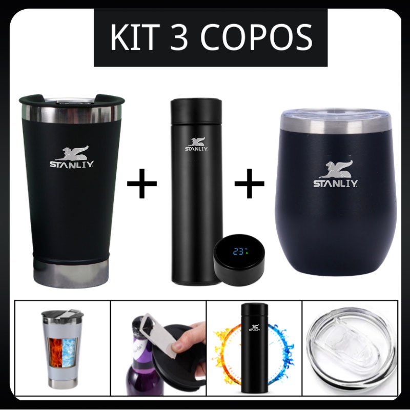 Kit 3 Peças Copo Térmico 350ML/473ML/500ML Com Tampa Vácuo Aço Inox Bebidas Geladas Quentes - Entrega Rápida