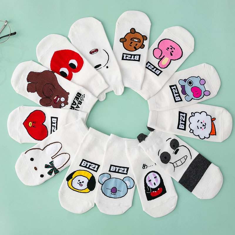 Bts Bts Bts Bt21 Meias Fofas Meias Fofas Algodão Fashion Ankle Week Pescoço Redondo