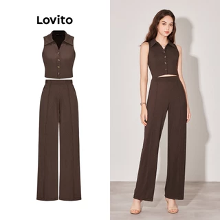 Lovito Conjunto de Calças com Cintura Alta e Botões na Frente para Mulheres L59ED100 (Marrom)
