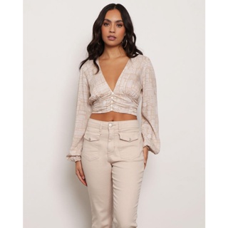 Blusa Feminina Cropped Manga Longa Viscose Estampada Bege