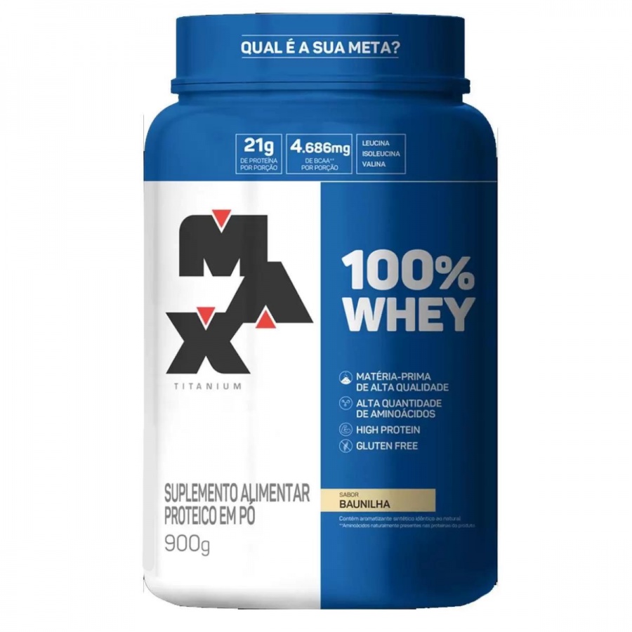 100% Whey Max Titanium baunilha, pote com 900g