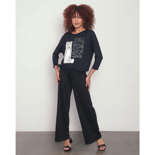 Calça Feminina Pantalona Trabalhada Preta
