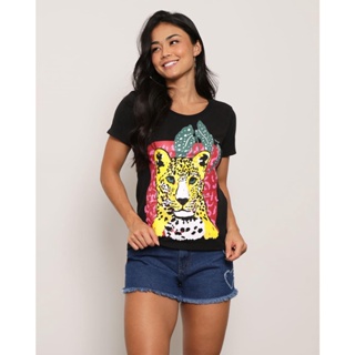 Blusa Feminina Manga Curta Estampada Preta