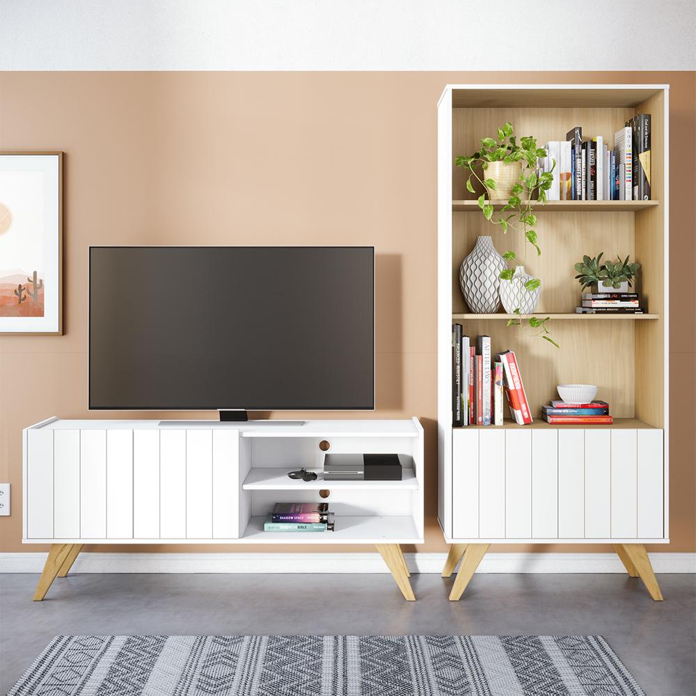 Rack para TV Space com estante de Livros Link Branco fosco Tauari nobre ...