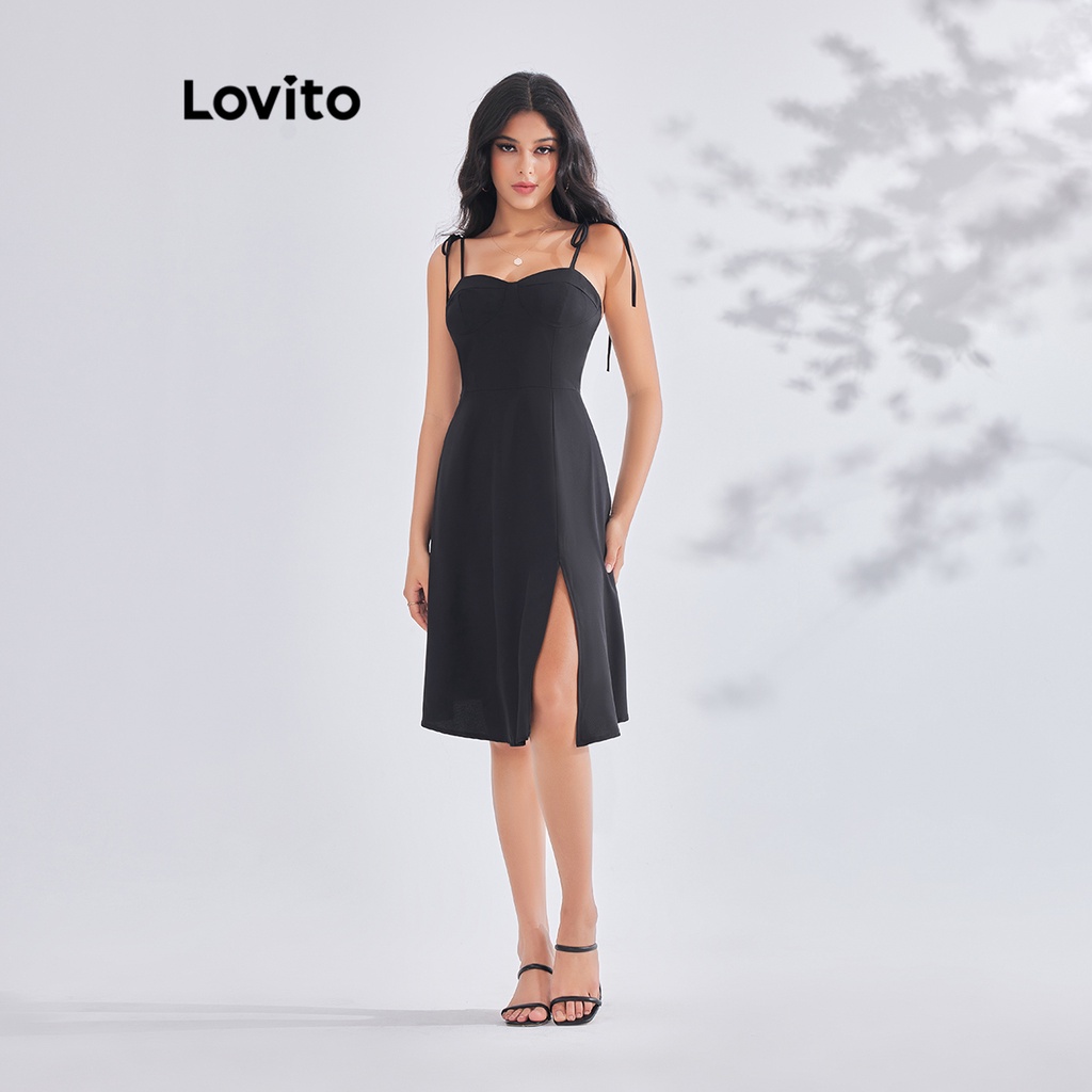 Lovito Vestido Casual Liso Com Renda Dividida E Estrutura Dividida Para Mulheres LBE03149 (Preto)