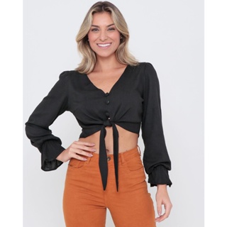 Blusa Cropped Nózinho Manga Longa Preta