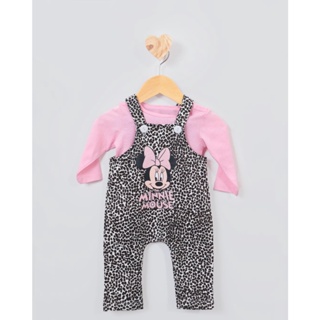 Conjunto Jardineira Moletom Minnie Disney Animal Print Rosa