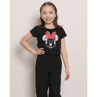 Blusa Infantil Cropped Manga Curta Estampa Glitter Minnie Disney Preta