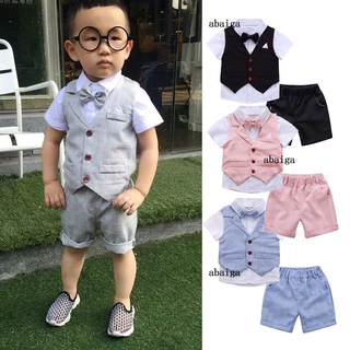 4Pcs Kids Boys Suit Gentlemen Casamento Cavalheiros Colete Tuxedo Camisa Curta Calças Conjunto De Gravata De Laço Festa De Aniversário Baby Wear Clothes 1-8 Years Old