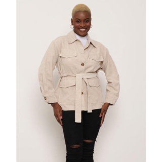Parka Feminina Com Bolso Veludo Canelado Bege