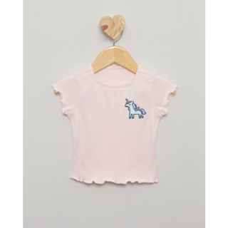 Blusa Bebe Manga Curta Unicórnio Frufru Rosa