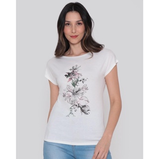 Blusa Feminina Manga Curta Estampa Flores Off White