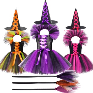 Bruxa Halloween para Meninas, Festa Halloween para Crianças, Cosplay,  Fantasia com Chapéu, Saia, Vassoura para 2 a 10 Anos