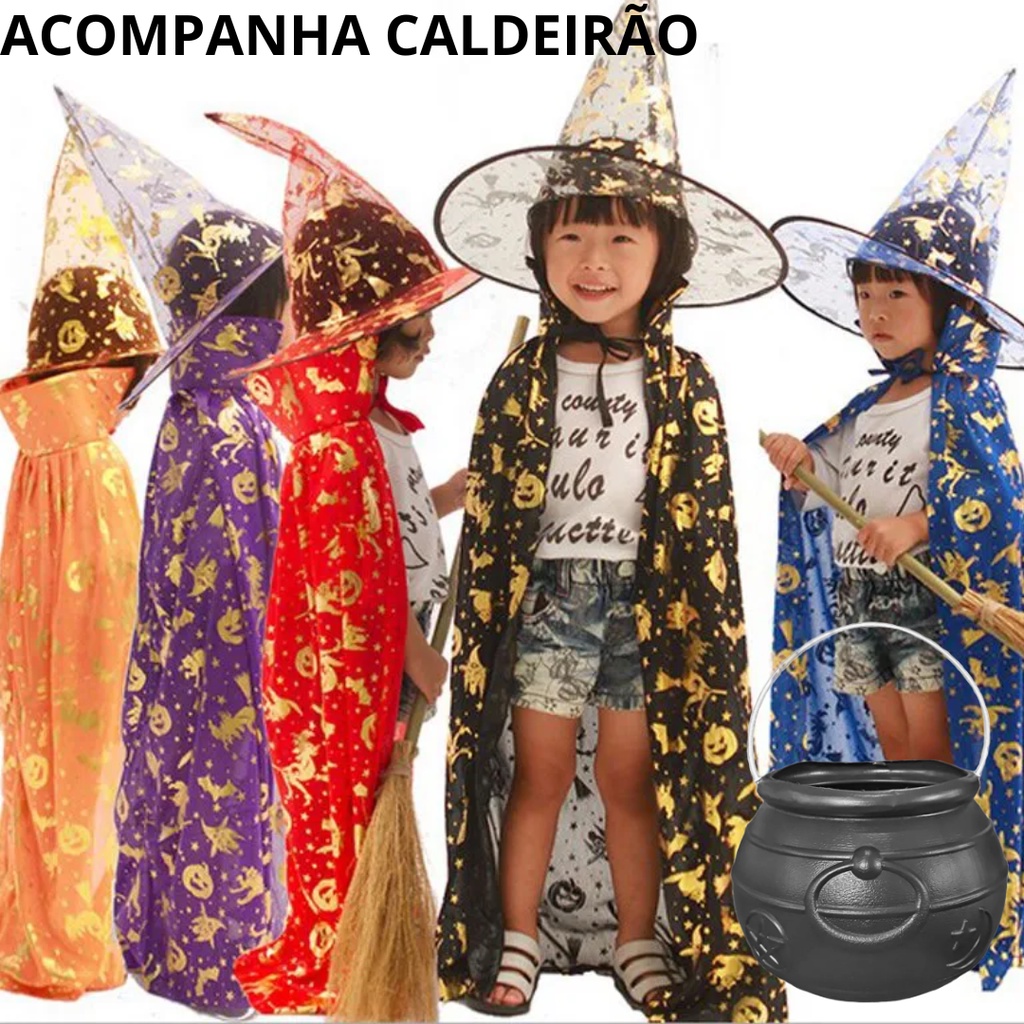 Fantasia De Bruxa Halloween Chapéu Saia Nariz Caldeirão 4pçs