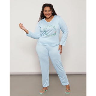 Pijama Feminino Plus Size Longo Estampa Floral Azul