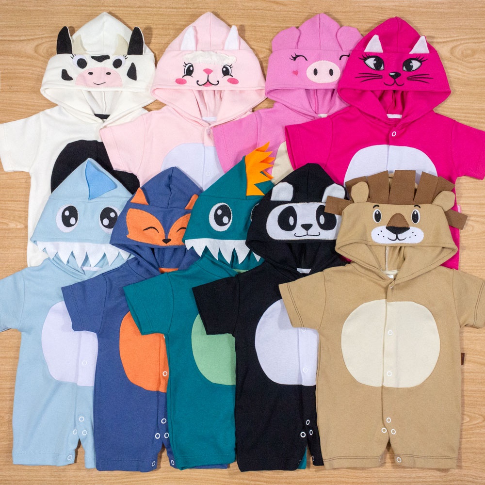 Macacão curto de bebê capuz bordado de bichinhos até 12 meses