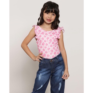 Body Infantil Estampa Animal Print Canelado Rosa