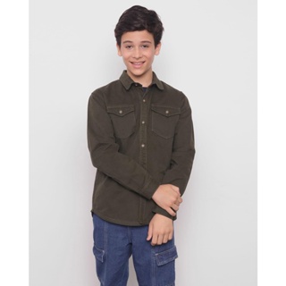 Camisa Sarja Juvenil Manga Longa e Bolso Frontal Verde