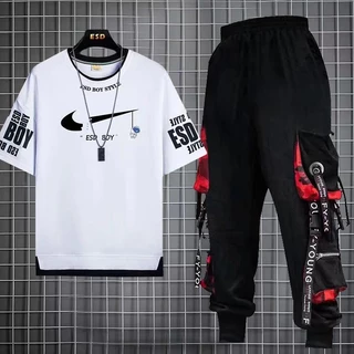 Calça De Carga Masculina Estilo Hip Hop Joggers + Conjunto De Moda Com Camisetas Casuais De Manga Curta