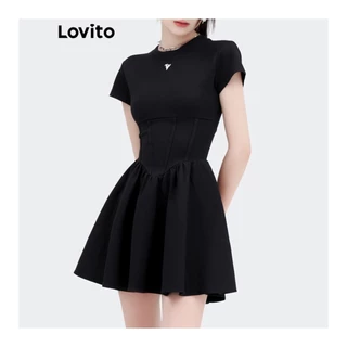Lovito Vestido Básico com Estrutura e Costura para Mulheres L58AD143 (Preto)
