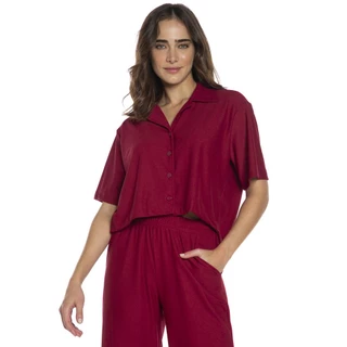 Camisa Feminina Malha Básica Lisa Manga Curta Polo Wear Vermelho Escuro