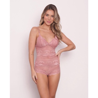Baby Doll Renda com Top e Calçinha Caleçon Rosa