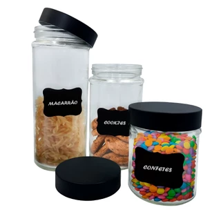 Conjunto 3 Potes Vidro Com Tampa E Adesivo Lousa P/ Escrever