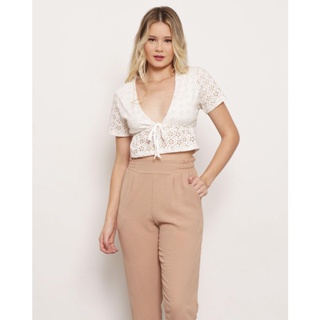 Blusa Feminina Cropped Manga Curta Laise Off White