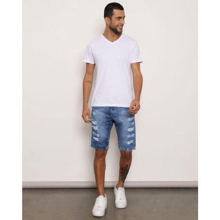 Bermuda Jeans Masculina Reta Destroyed Azul