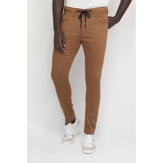 Calça Masculina Sarja Skinny Logo Aplique Polo Wear Marrom Médio