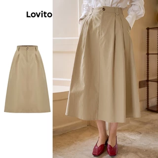 Lovito Casual Saia Feminina Lisa com Botão L58AD146 (Cáqui)