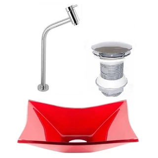 CUBA DE VIDRO RETANGULAR 39CM VERMELHO FERRARI + VALVULA CLICK + TORNEIRA