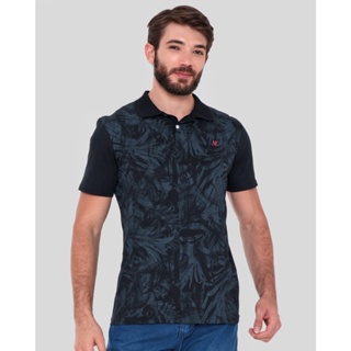 Polo Masculino Estampa Folhagem Preta