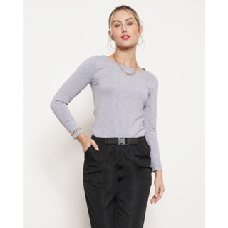 Blusa Feminina Básica Manga Longa Mescla Cinza