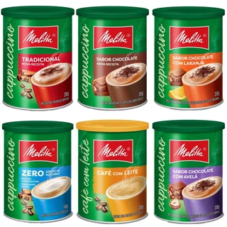 Kit 6un Cappuccino Melitta 200g café Solúvel com leite, Chocolate com avelã, laranja e Zero Açúcar s/Glúten Capuccino