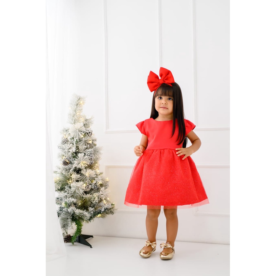 Vestido Infantil Princesa Vermelho Brilho Festa Natal Luxo 1 ao 4