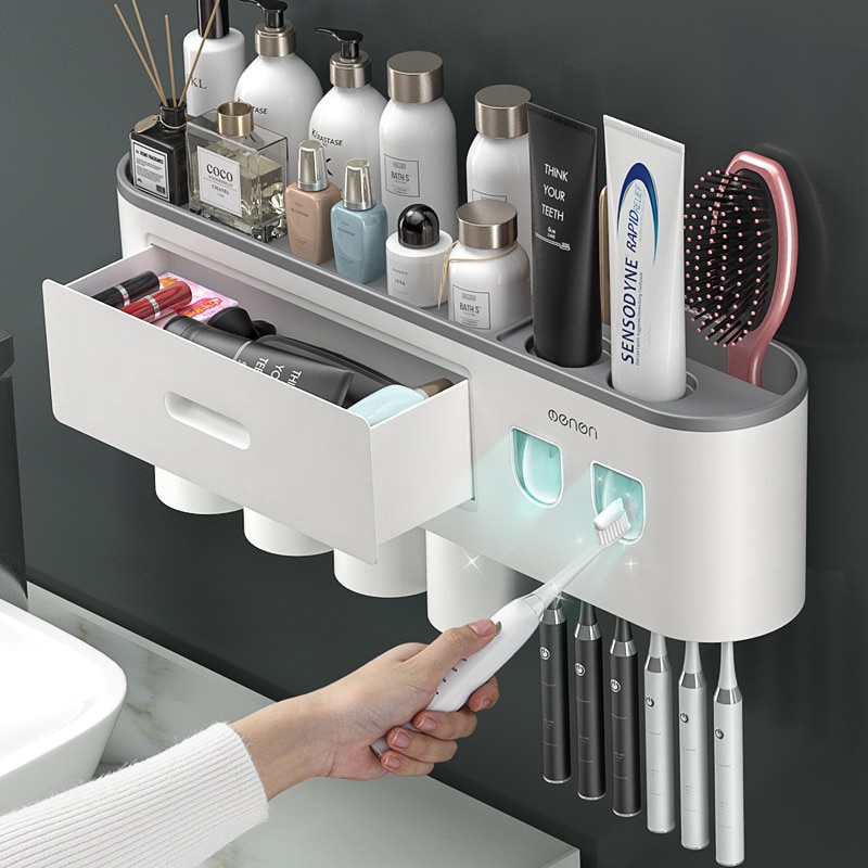 Adsorção Magnética Automático Duplo Invertido Toothbrush Titular Creme Dental Juicer Dispenser Armazenamento Rack Acessórios Do Banheiro