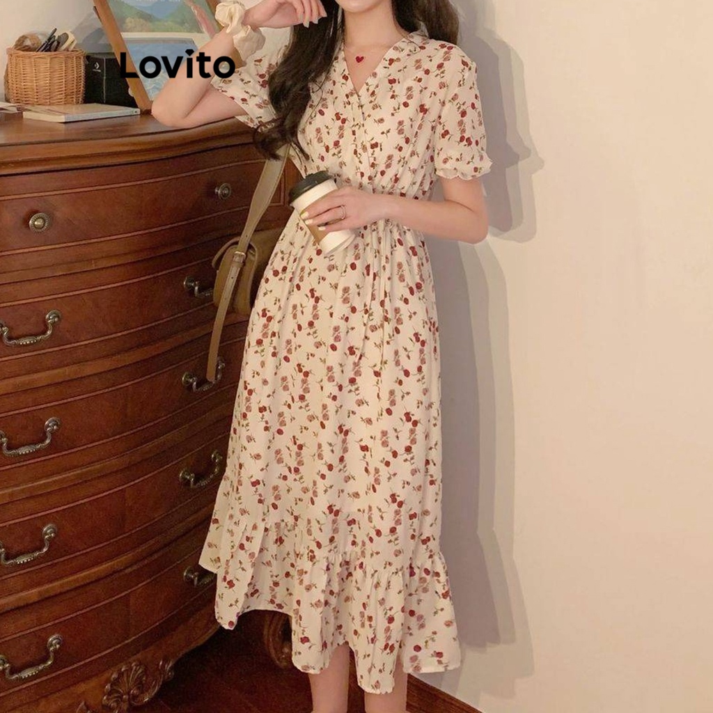 Lovito Vestido com Mangas Bufantes e Estampa Floral Boho para Mulheres LNE19185 (Multi-Cor)