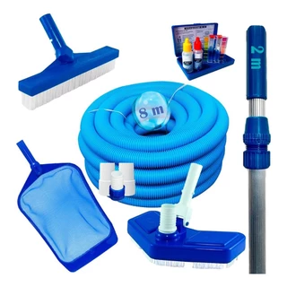 Kit Limpeza Para Piscina Aspirador Peneira Escova Ponteira + Teste Cl e pH + 8m de Mangueira e Cabo de 2m